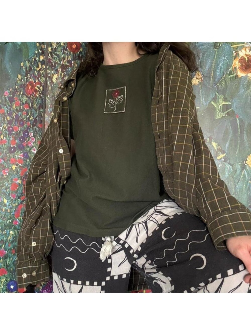 thick vintage olive tee with embroidered floral detail